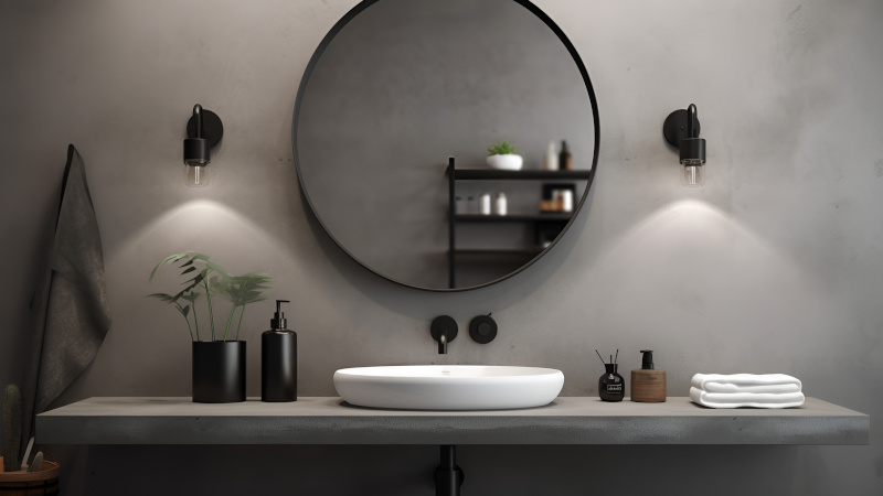 Minimal loft polished gray concrete cement bathroom vanity count