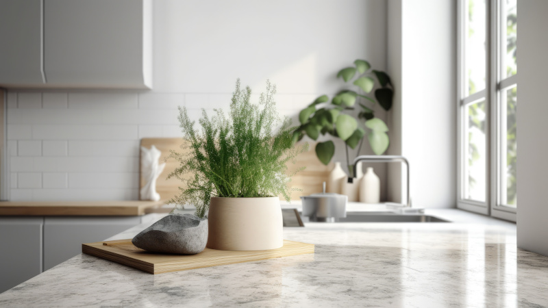 Realistic white granite kitchen counter top with an empty area and green plants in a ceramic vase for decoration. Templates, Background, Product overlay display, Morning sunlight. Generative AI
